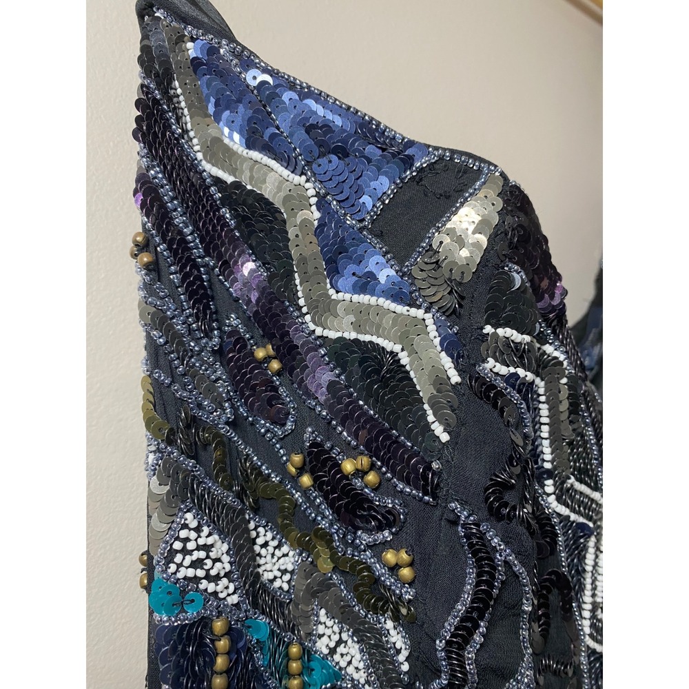 Art Deco Beaded Mini Dress Black Teal Geometric Size 12 EUC French Connection - Picture 3 of 6